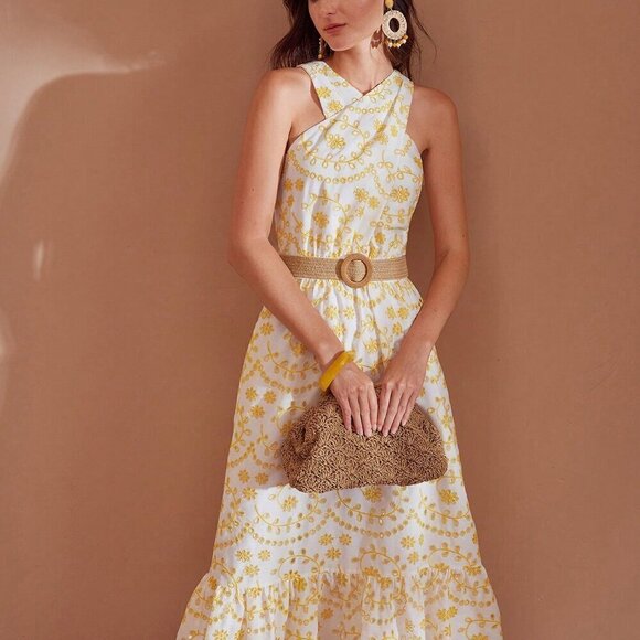 YELLOW WOMEN'S SCALLOP RUFFLE HEM HALTER NECK EMBROIDERY SCHIFFY DRESS - Picture 4 of 8